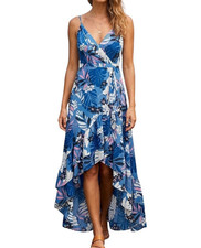 Lulus Women’s Size S Neck V Strap Faux Wrap Hig-Low Skirt Dress Blue Tropical 