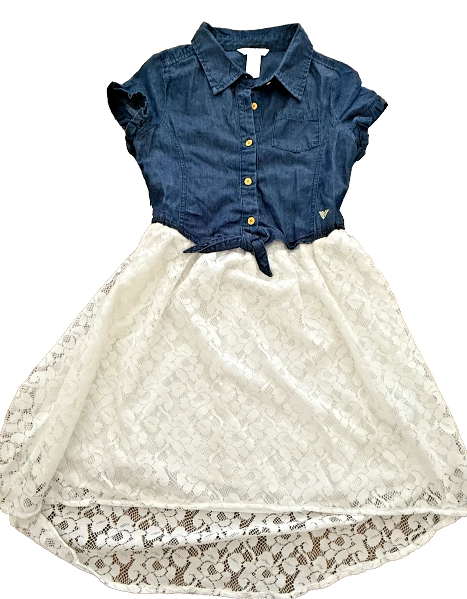 Guess Dress Girls Kids Size 16 Denim Blue & White Lace Dress short Sleeve NWT