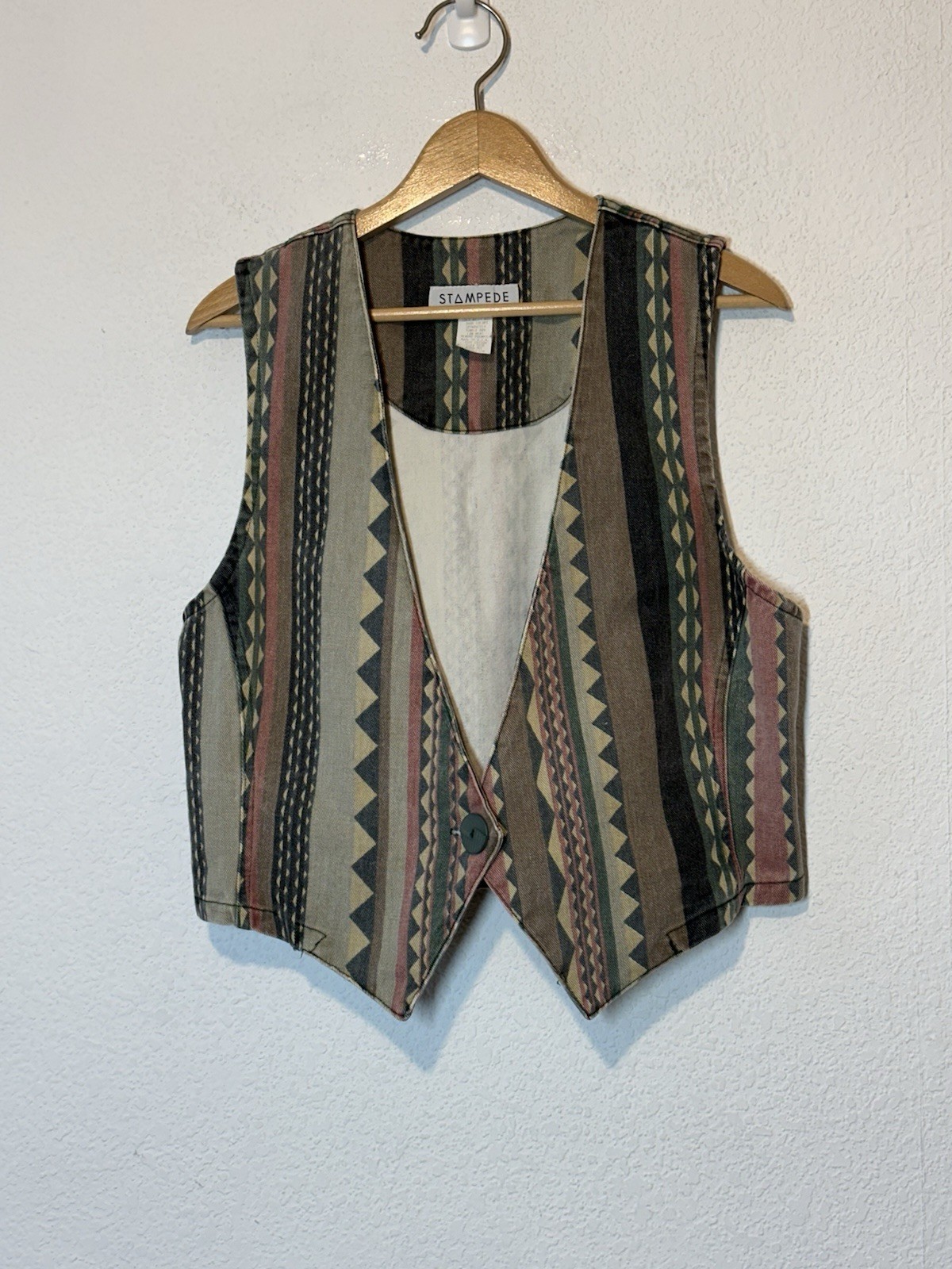 Vintage Stampede Vest Southwestern Aztec Print Denim Womens Sz M Coastal Cowgirl