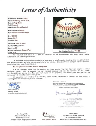 YOGI BERRA AUTOGRAPHED AL BASEBALL    SIGNED IN FULL+4 INSCRIPTIONS   JSA LETTER