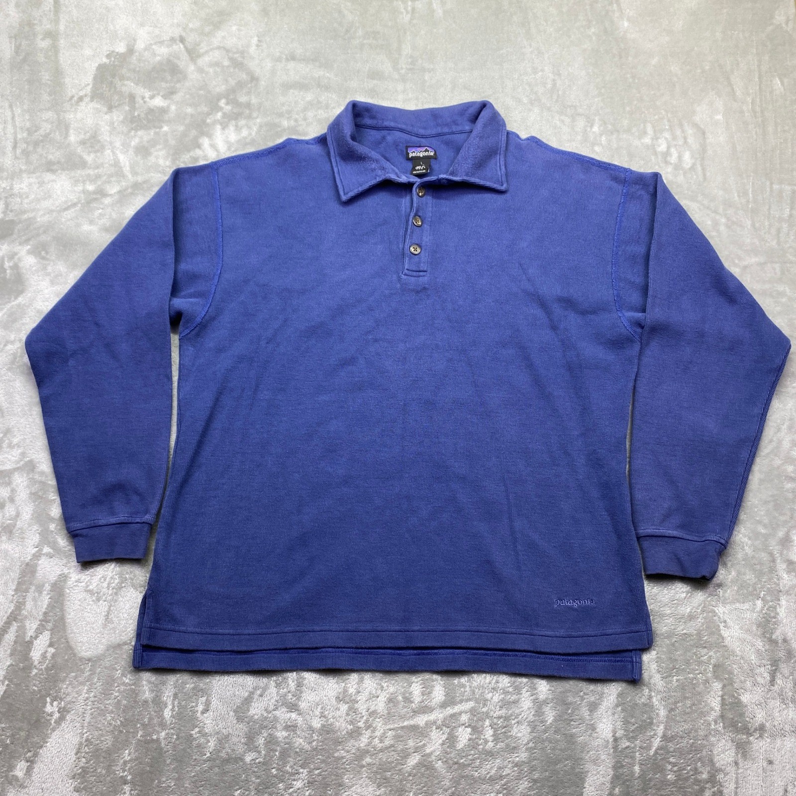 Patagonia Mens Blue Ribbed Long Sleeve Polo Shirt Made in USA Sz L Grunge Boho