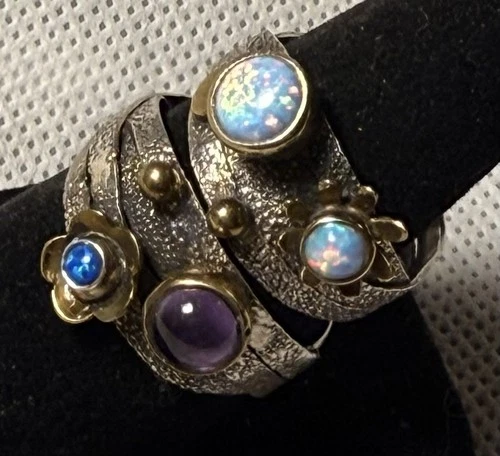 New ListingVintage 925 Sterling Silver Artisan Ring Set Opal Amethyst Mixed Metal