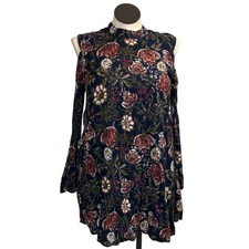 Women's Navy Floral Cold Shoulder Mock Neck Long Sleeve Dress Size S