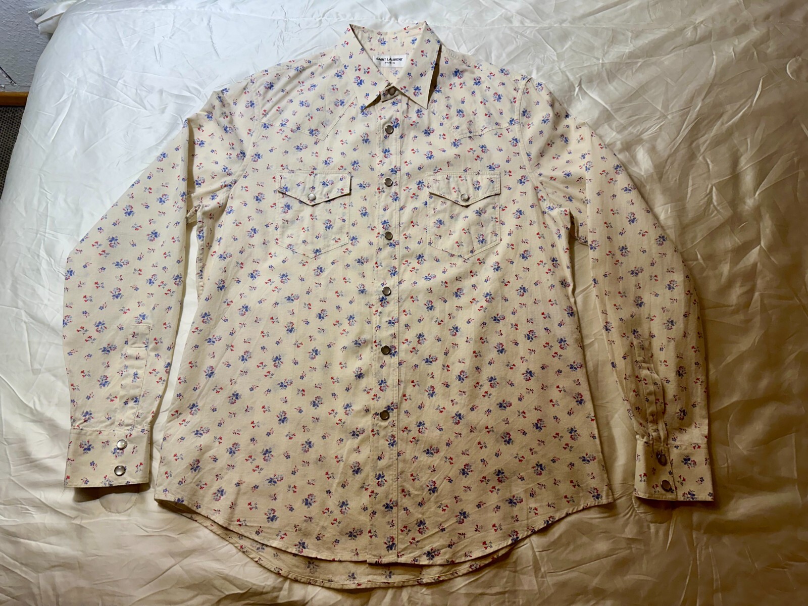 SAINT LAURENT CAMICIA WESTERN FLOREALE PSYCH ROCK BEIGE HEDI SLIMANE