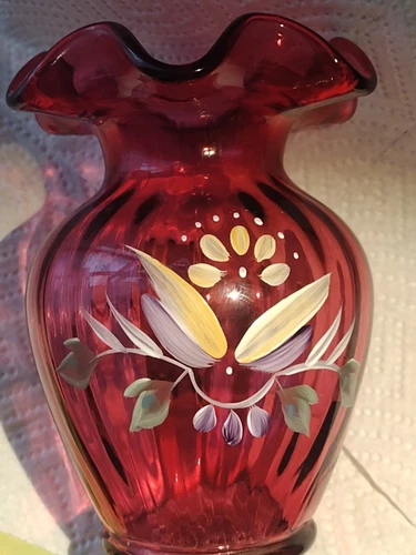 fenton hand painted cranberry Ruffle 5.5 In  Vase By D. Cutshaw