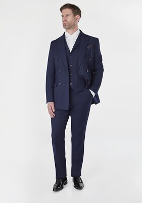 Men’s Black Navy Double Breasted Suit Piece Tailored Fit Peak Lapel  Jacket UK