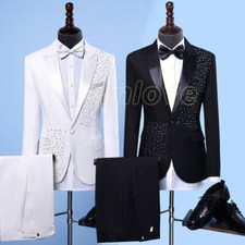 Mens Slim Fit Rhinestone Suit Blazer Jacket Pants 2PCS Glitter Wedding Club Sets