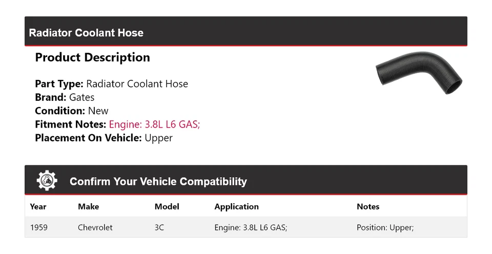 Manguera de refrigerante de radiador de gas para Chevrolet 3C 1959 3,8 L L6 puertas superiores Foto 2 de 4
