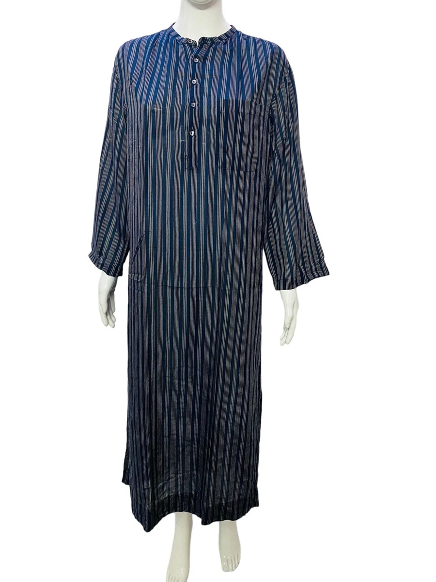 Abito T-shirt Donna Manica Corta - Lunghezza Al Ginocchio, Righe Blu Navy, 100% Cotone, Vintika