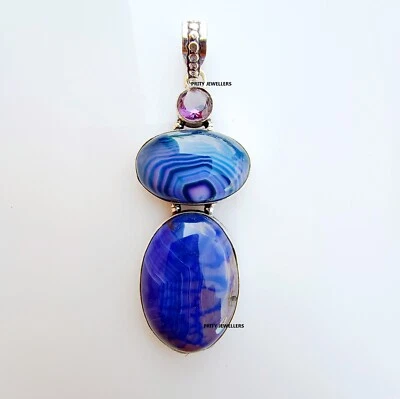Blue Lace Agate With Pearl & Topaz 925 Sterling Silver Handmade 2.99″ Pendent - Image 1 of 4