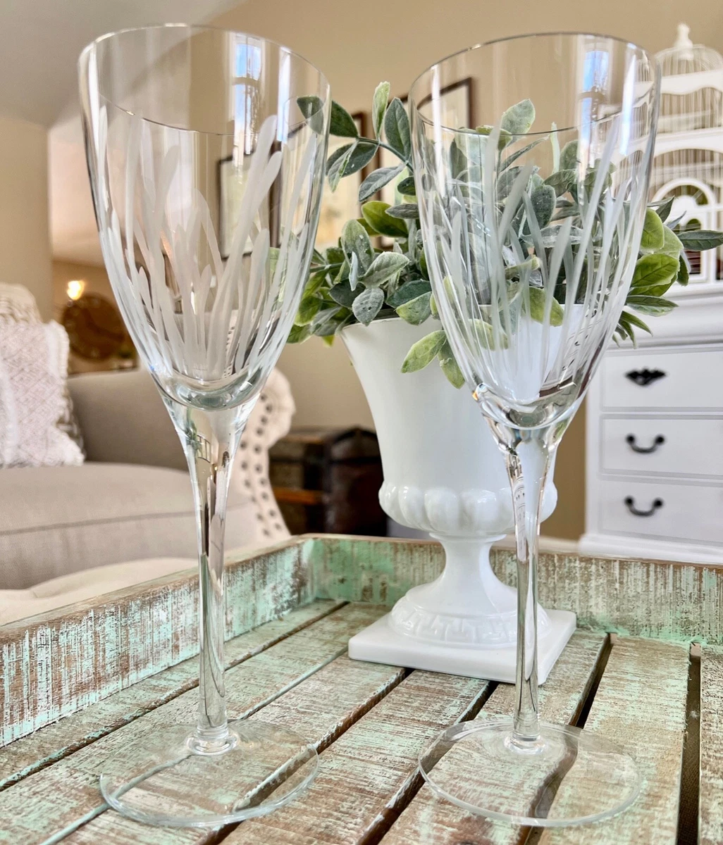 2 Pier 1 Cristina Vertical Gray Cut Large Wine Glasses or Water Goblets Wedding