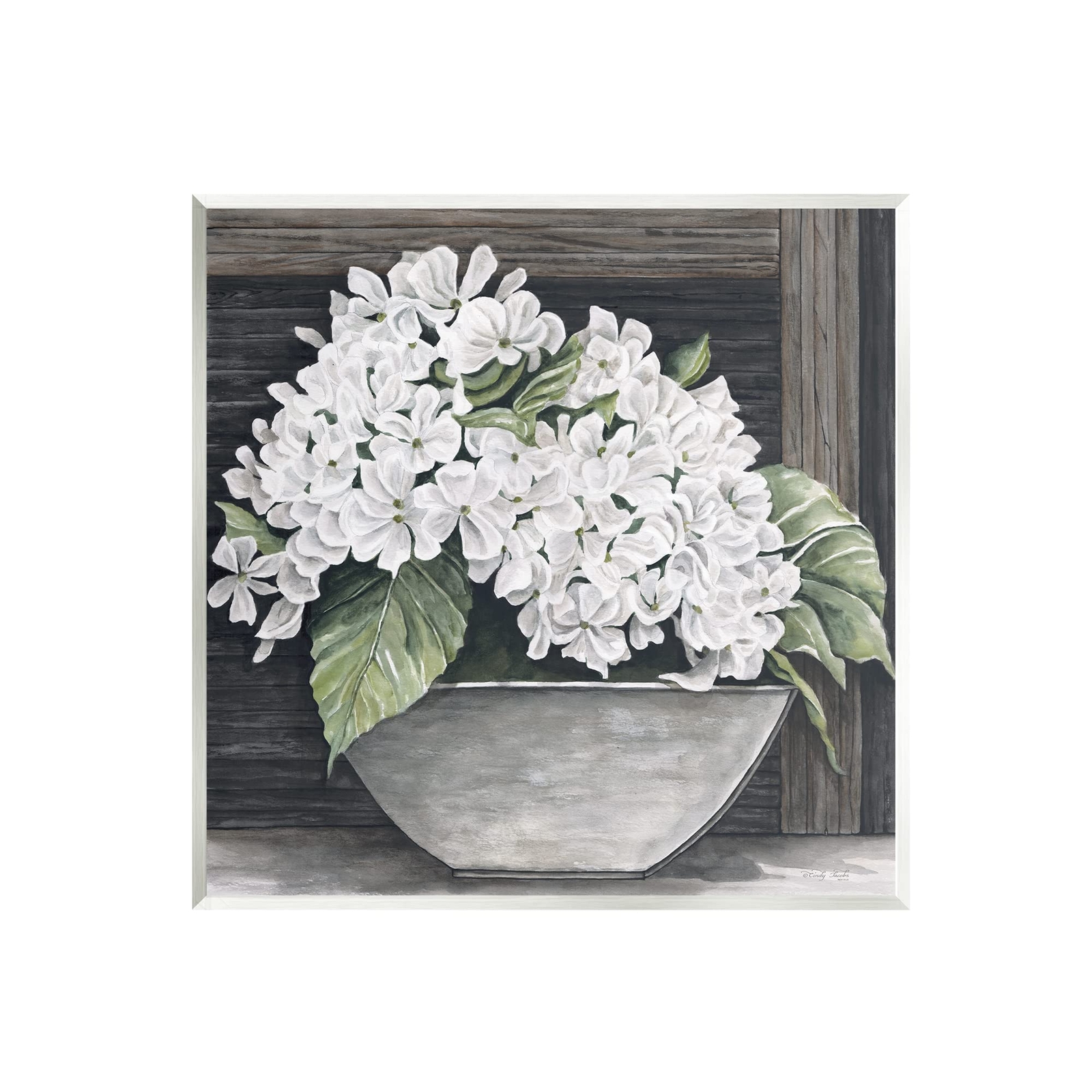 White Geranium Flower Planter Rustic Country Scene Wood Wall Art