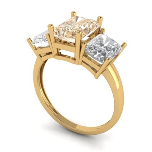 4 Emerald 3stone Natural Morganite Classic Bridal Designer Ring 14k Yellow Gold - Picture 2 of 11