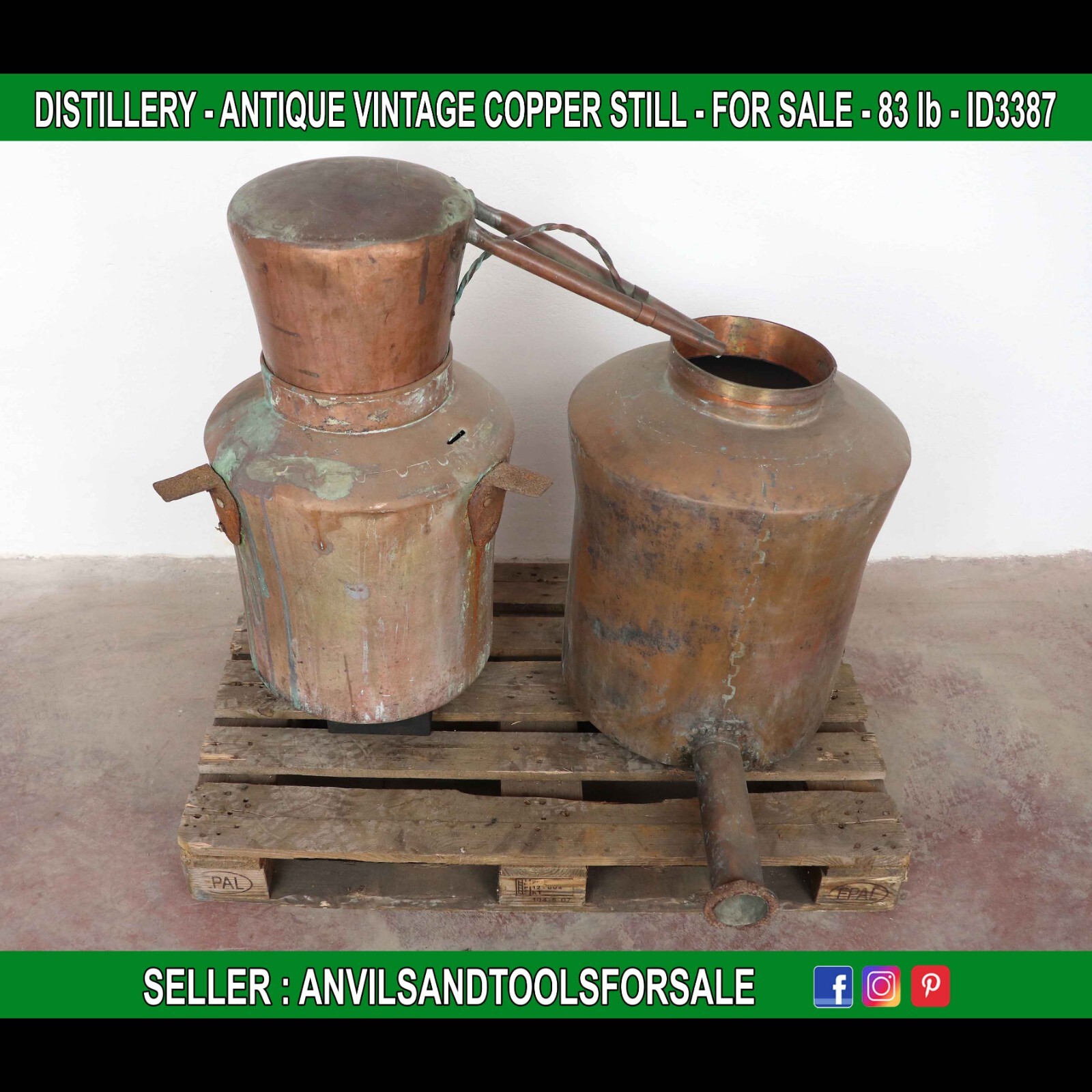 DISTILLERY - ANTIQUE VINTAGE COPPER STILL - 83 lb - ID3387