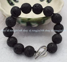Genuine 14mm Natural Black Volcanic Lava Gemstone Beads Bracelet 7.5" AAA+