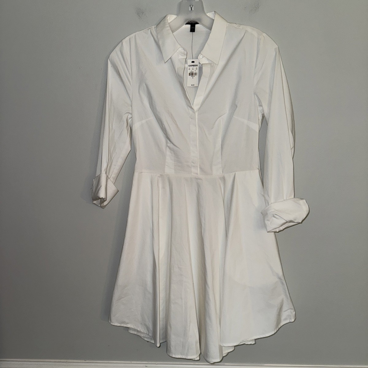 Express White Cotton Poplin Shirt Dress Fit N Flare Mini 4 Office Academia  NWT | eBay