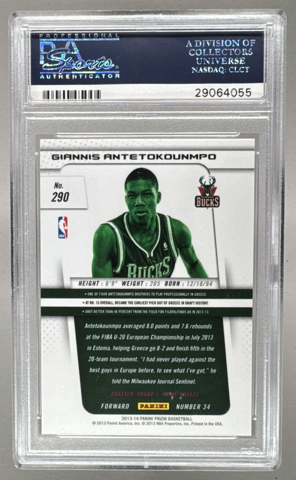 29064055 Giannis Antetokounmpo 2013 Panini Prizm #290 Rookie RC PSA 10 view 2