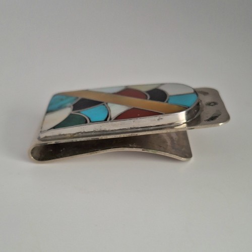 Zuni Silver Inlay Money Clip Fish Scale Design Sterling Turquoise Coral Jet - Picture 7 of 15