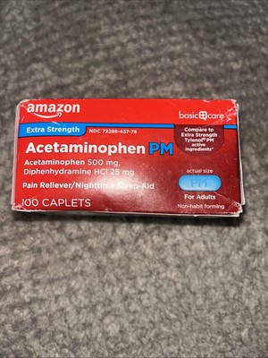 Amazon Basic Care Acetaminophen PM Caplets Pain 100 Caplets Exp 12/25
