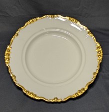 Jean Pouyat Limoges France Shallow Serving Bowl 10" Embossed Heavy Gold Scrolls