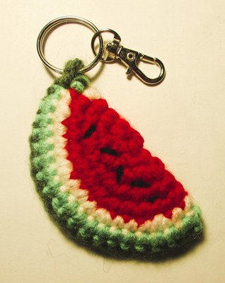 New Crocheted Watermelon Slice Keychain with Split Ring and Swivel Clasp