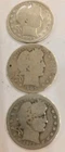 Lot of (3) Barber 90% Silver Quarters - 1899, 1903 (Hole), 1912 - Circulated