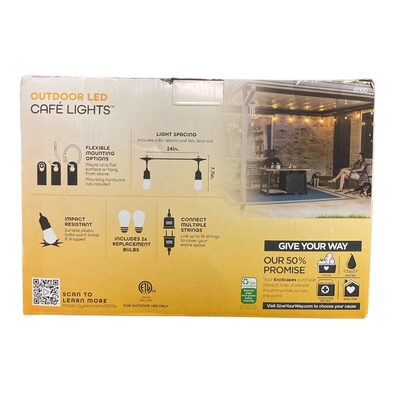 EcoScapes Outdoor LED Cafe Lights, 2700K Warm, Edison Style (24 Bulbs, 48 Feet)