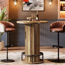 Round Bar Table, 39.4" H Wood Bistro Pub Table with Metal Ring Footrest Brown