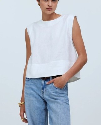 Madewell Plus White Bateau-Neck Tank in 100% Linen Button-down Back 1X