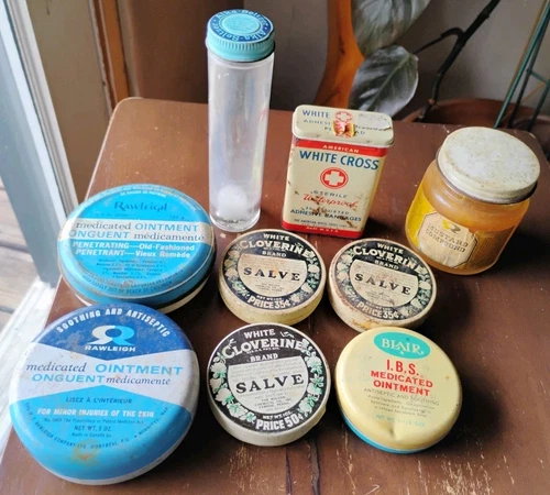 Lot Of 9 Vintage Medical Tins Jars Alka-Seltzer Rawleigh White Cross & Cloverine