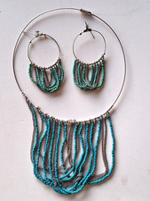 BOHO,TRIBAL SILVERTONE CHAIN NECKLACE TURQUOISE COLOR, SILVER BEADS EARRINGS SET