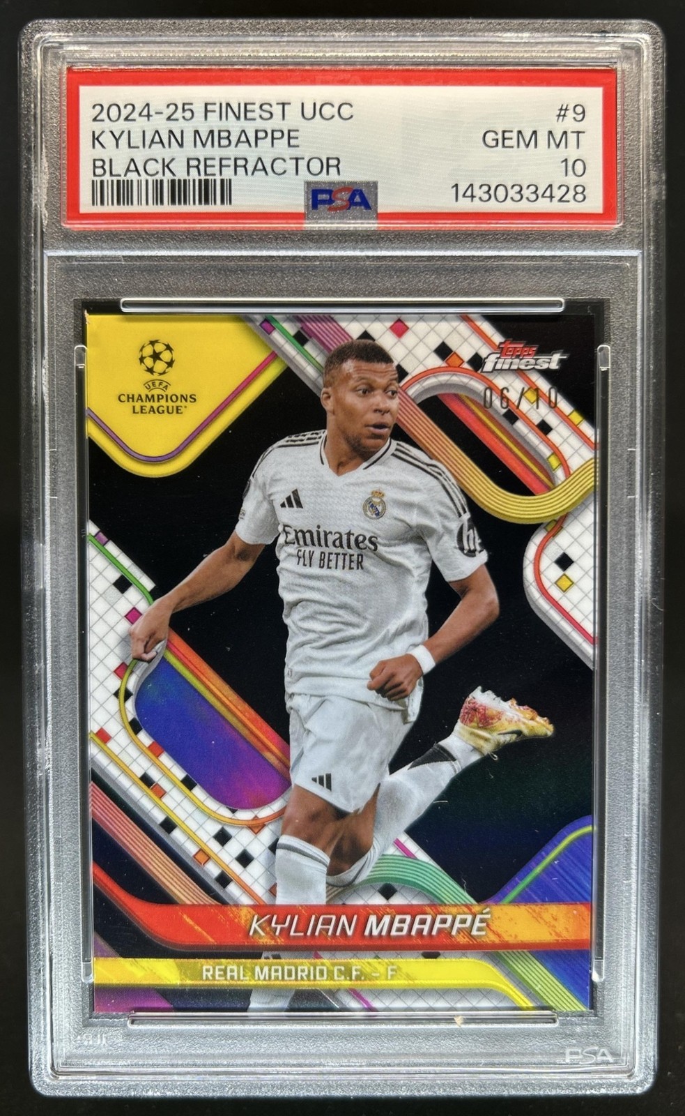 2024-25 Topps Finest UEFA Kylian Mbappe Black Refractor #/10 Real Madrid PSA 10 view 1