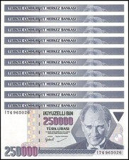 Turkey 250000 Lira, L.1970 (1998 ND), P-211, UNC, Prefix I X 10 PCS