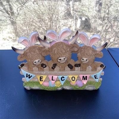 Easter Cow Figurine with Bunny Ears & Pastel Eggs Resin Decor 7x5 BNWT