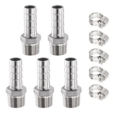 5pcs Stainless Hose Barb to Adapter 3/4" Barb x 1" NPT Male with 5pcs Hose Clamp