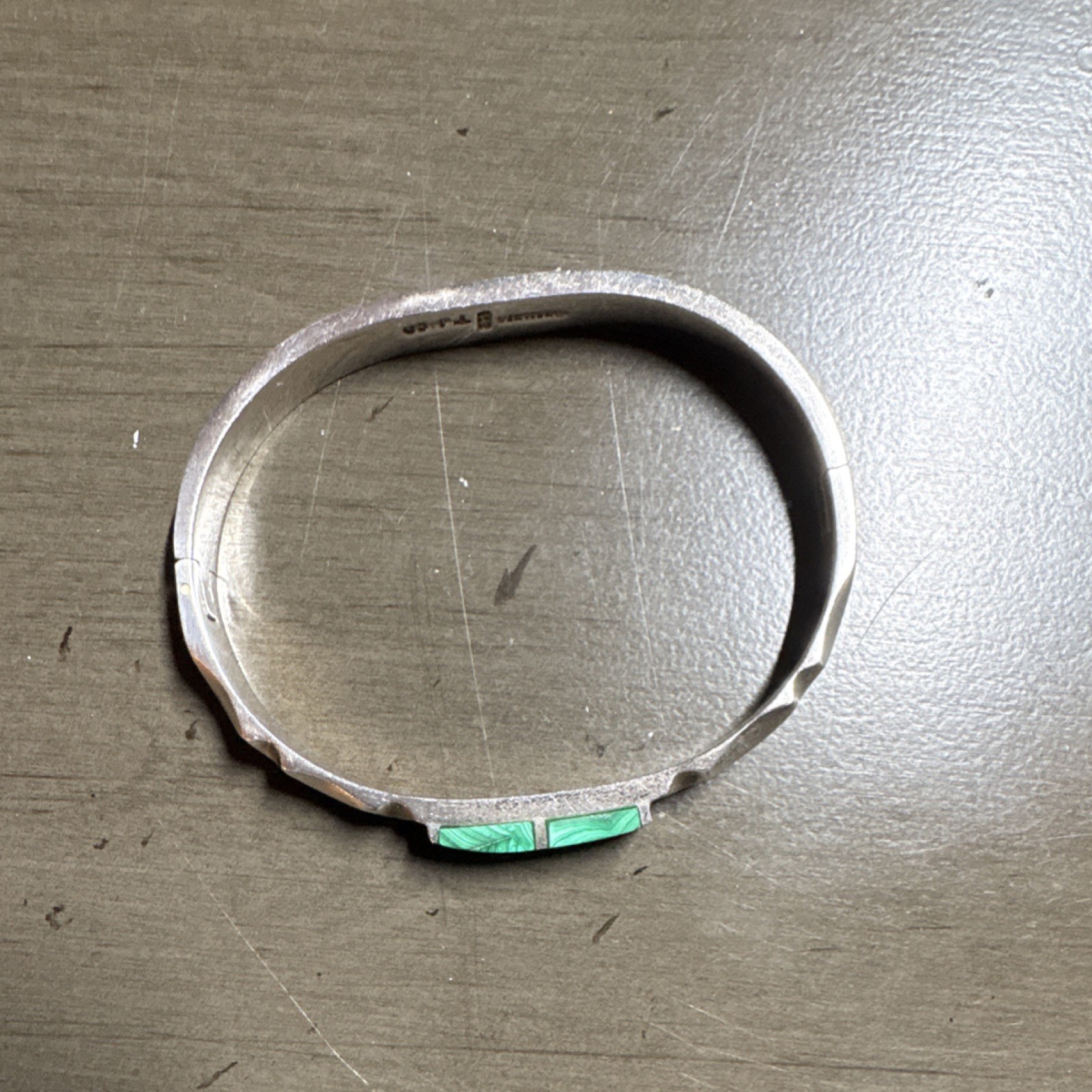 Silver Bangle Bracelet with Rectangular Green Mal… - image 2