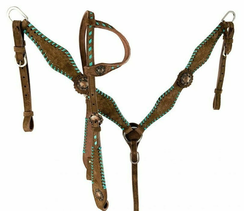 Western Saddle Tack Set – Leather Bridle Headstall + Breast Collar, Medium Oil Brown
