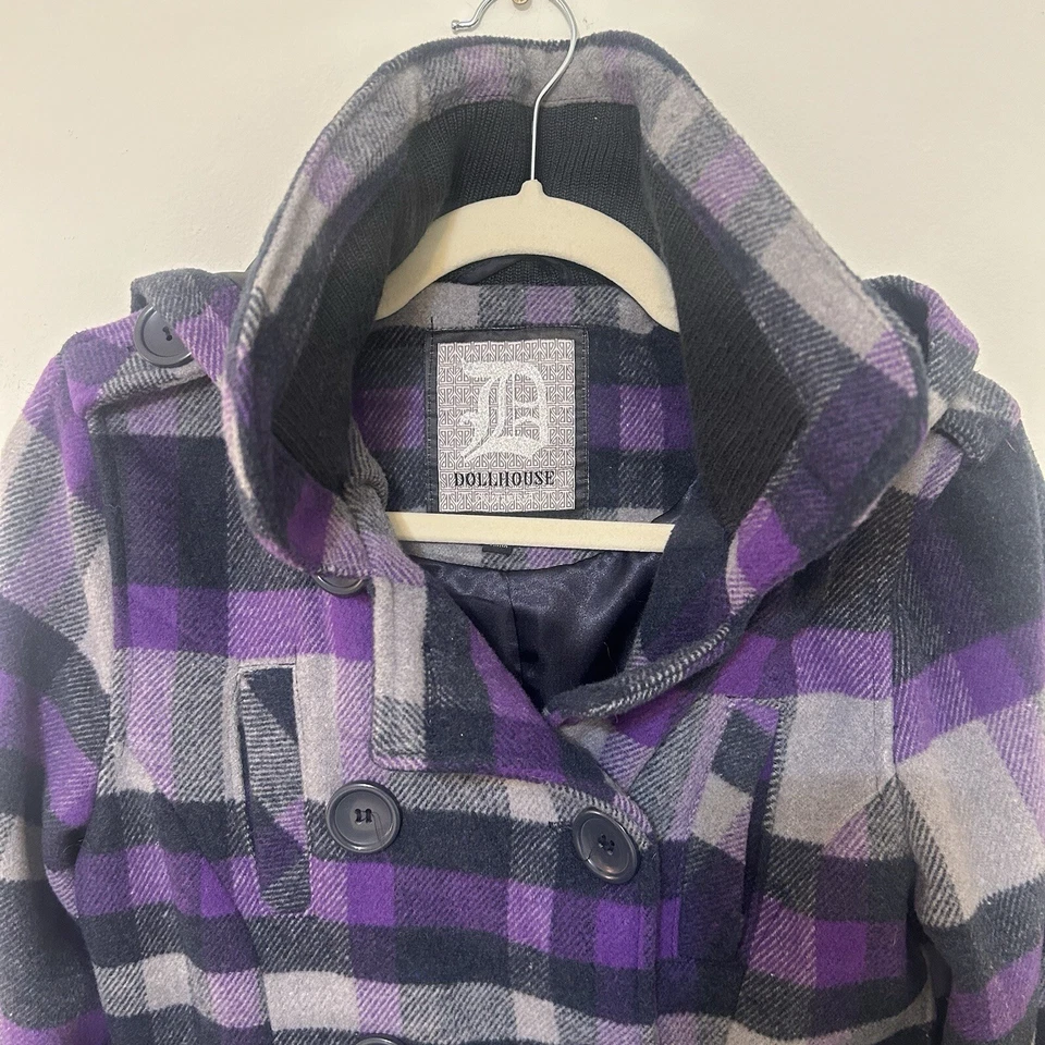 Abrigo de mujer a cuadros mezcla de lana chaqueta con capucha doble botonadura púrpura pequeño Foto 3 de 4