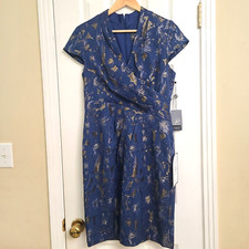 NWT Adrianna Papell Blue Metallic Jacquard Draped Sheath Dress V Neck Size 8
