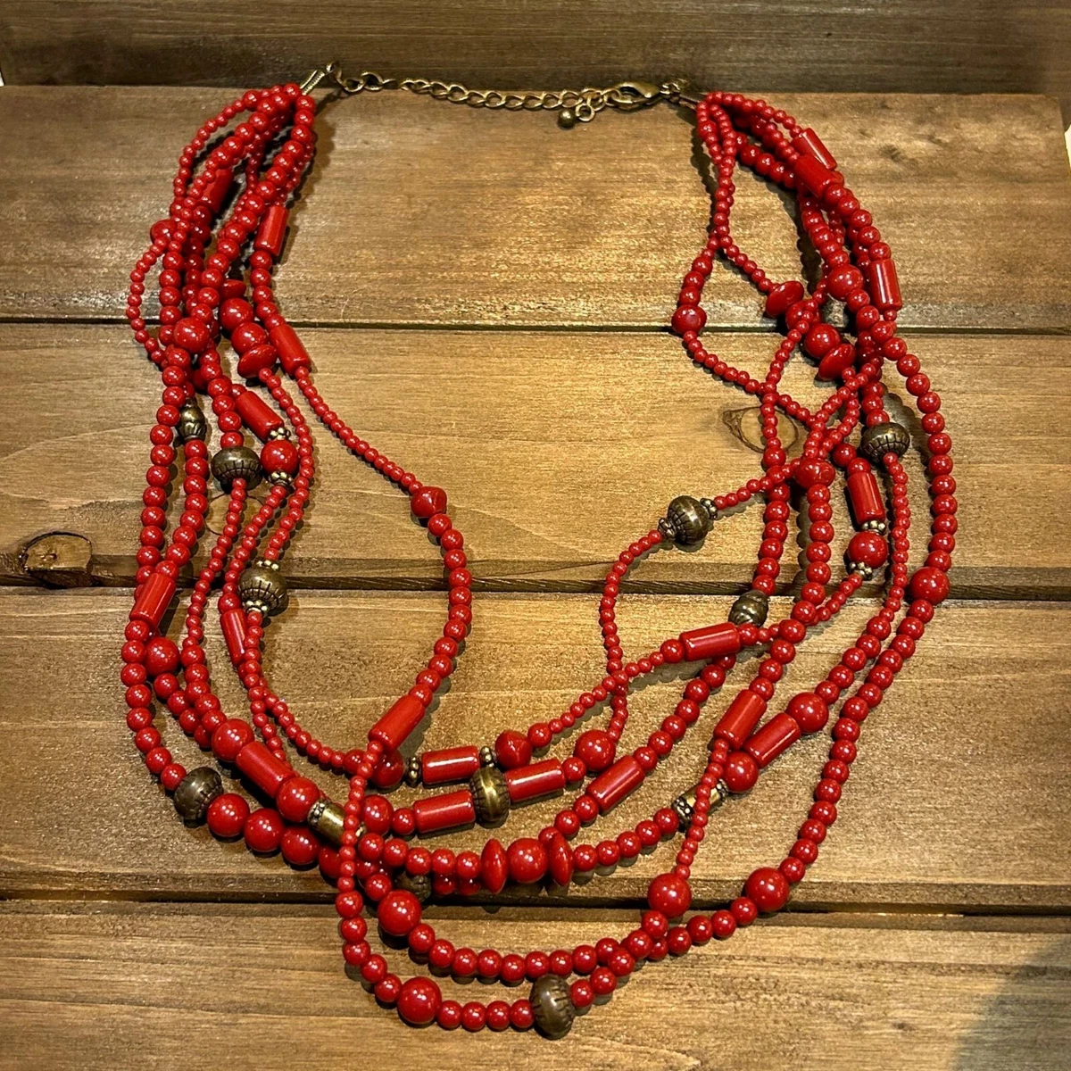 Red multi strand beaded necklace sale