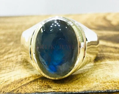 Natural Labradorite Gemstone with 14K White Gold Plated Silver Ring for Men #941 - Image 1 of 4