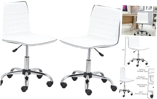 Swivel Leather Soft Upholstery Office Mid Back Armless Ribbed White Set of 2