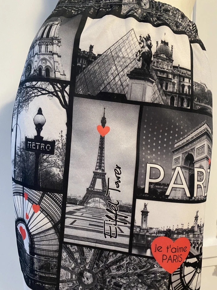 VTG 90s midi body con skirt love paris hearts newsprint photos france punk rock - Image 4 of 4