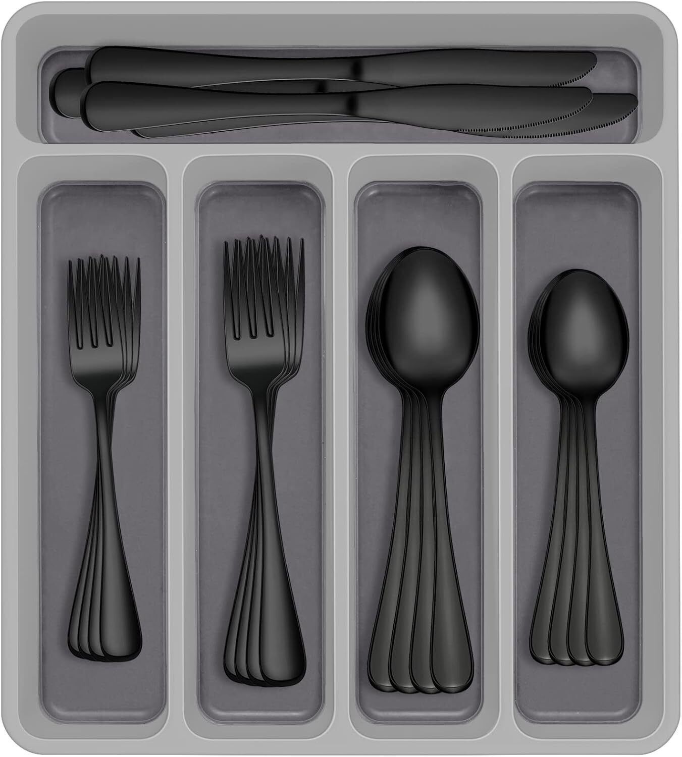 60-Piece Stainless Steel Black Silverware Set for 12 with Organizer