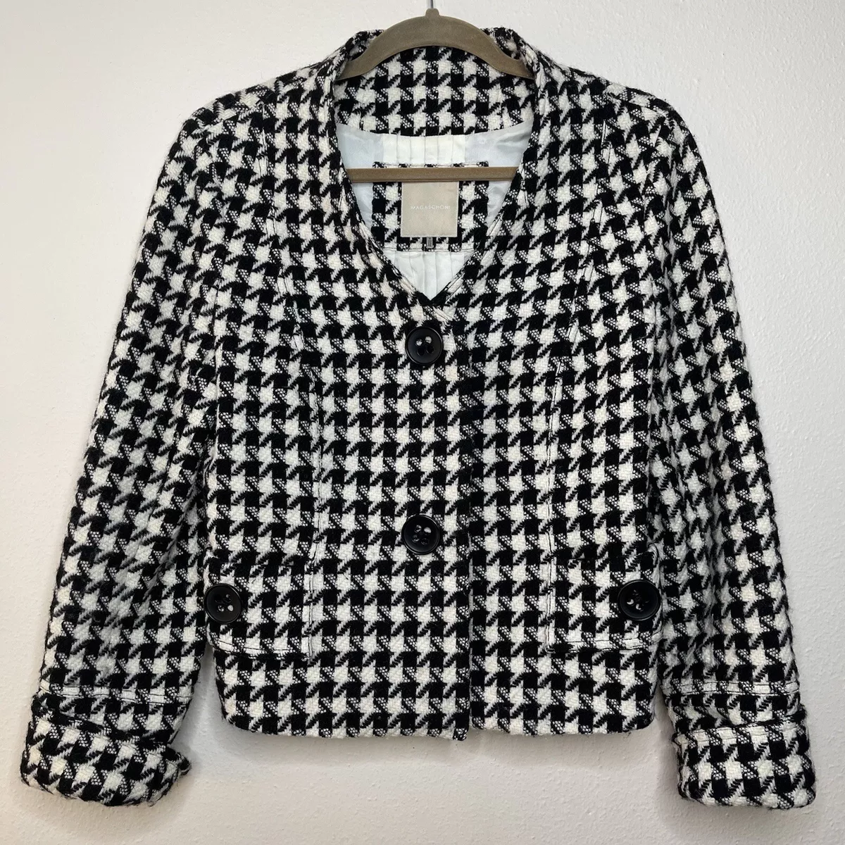 Magaschoni Blazer Jacket Houndstooth Size 10 Black and White Wool