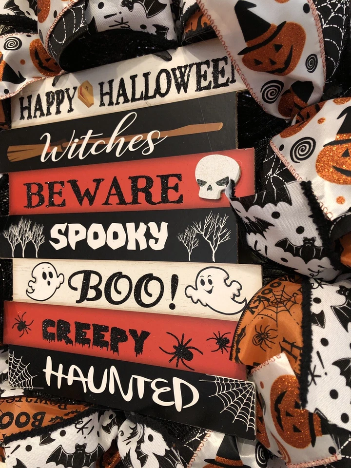 SPOOKY HALLOWEEN👻🎃🦇 🕷 WREATH 24 X 24 BLACK DECO MESH Sentiment Sign BEWARE - Image 4 of 4
