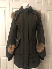 Nicole Benisti Xs Down Jacket Coat Green Pom Pom Leather Trim Fur