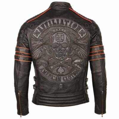 Black Embroidery Skull Motorcycle Leather Jackets 100% Natural