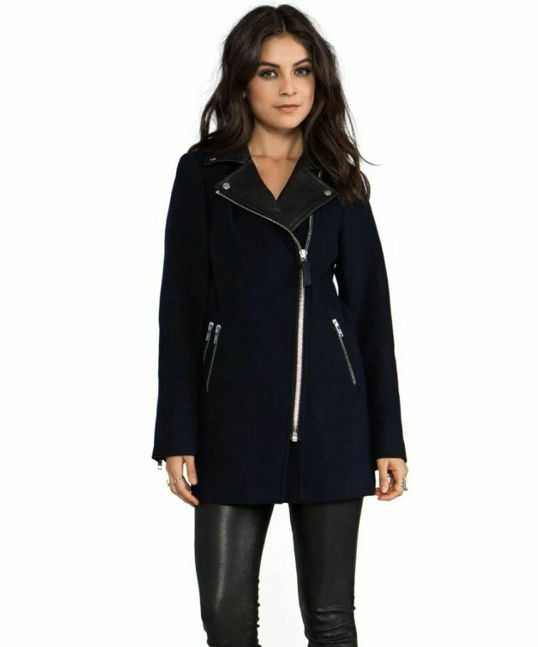 Mackage Montreal Phyllis Wool Coat in Navy Blue Leather Collar Sz