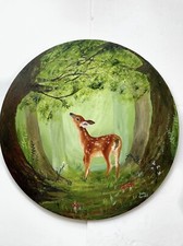 Bambi Original Woodland Ölgemälde an Bord 16x16 Zoll